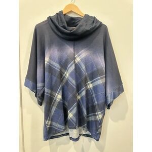 One World Womens Large Blue Plaid 3/4 Sleeve Cowl Neck Dolman Sleeve Top